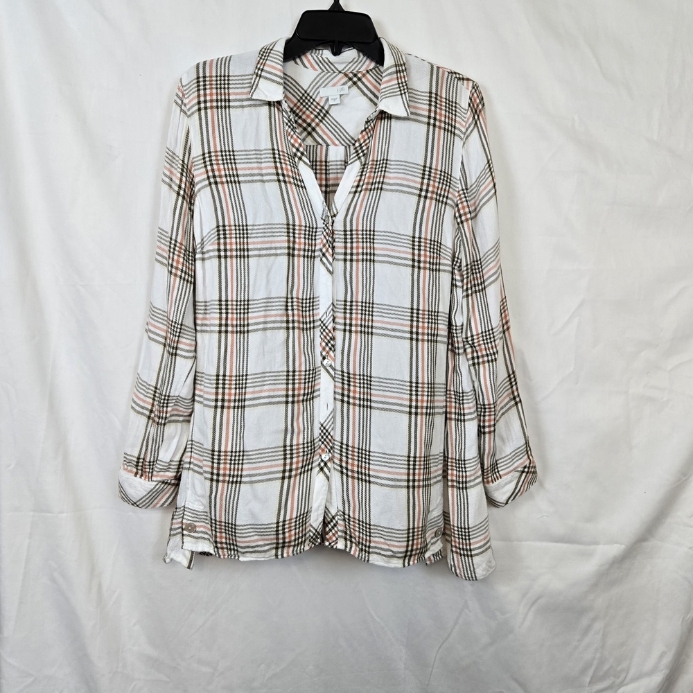 J. Jill Women's White Brown Orange Plaid Long Sleeve Casual‎ Button Shirt Medium